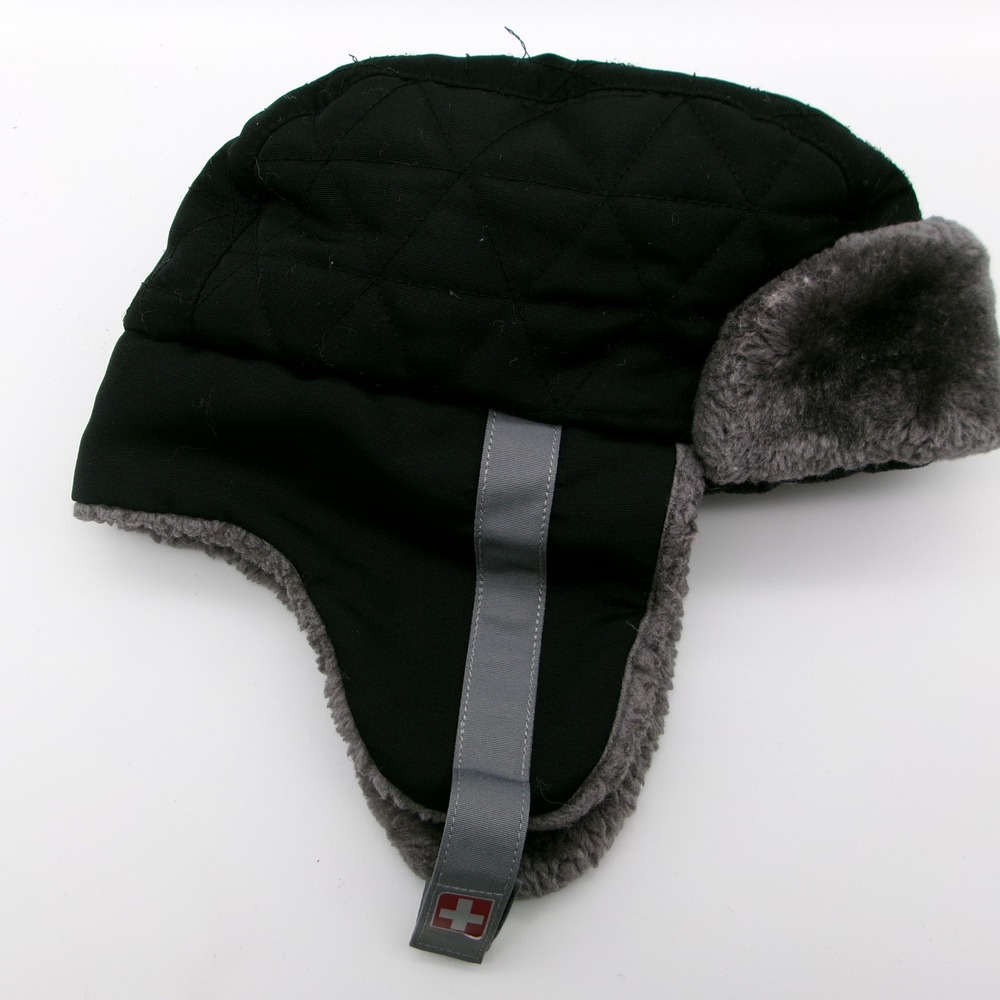 Swiss Tech Black Quilted Trapper Hat Faux Fur Lined Ear Flaps SB48861 OSFM
